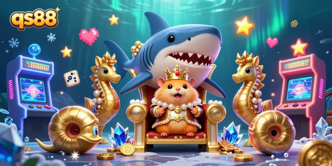 Experience exciting gameplay with qs88, featuring a fierce golden hamster king and vibrant arcade elements.
