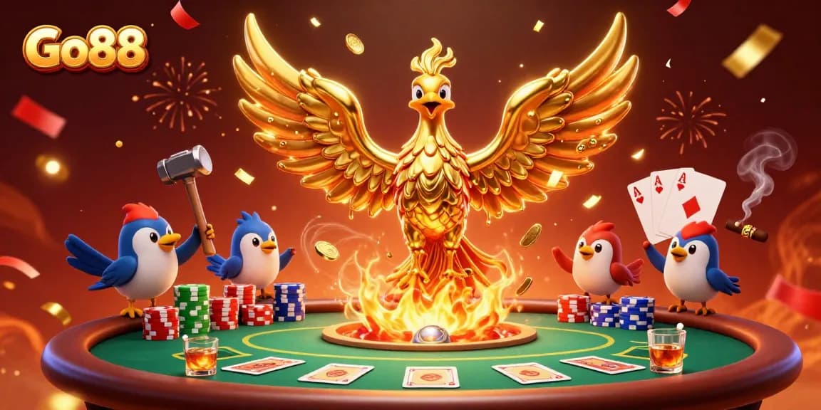 Experience the excitement of Go88 with a metallic phoenix soaring over poker tables, celebrating big wins.