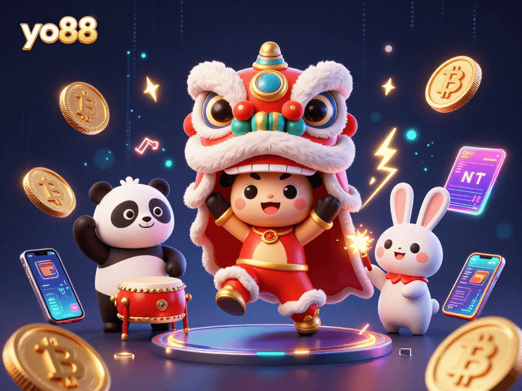 Experience yo88's vibrant casino action with a dynamic lion dance scene showcasing crypto elements.