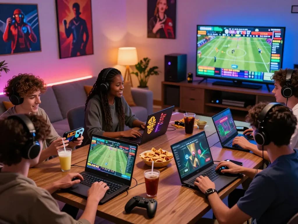 Players engaging with Goal123 online gaming platform in a vibrant living room setting, highlighting an energetic gaming atmosphere.