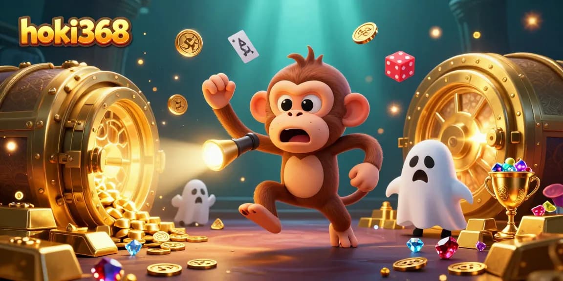 Experience the thrilling atmosphere of hoki368 with a mischievous monkey juggling golden casino treasures.