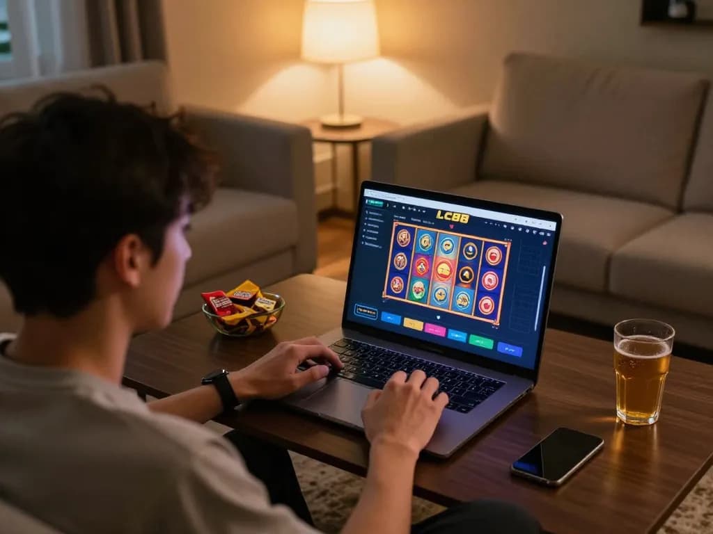 Engaging in online gaming with LC88 app showcasing vibrant slot games in a cozy home setup