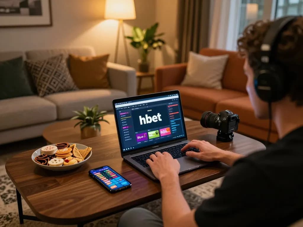 Player engaging with HBET online casino gaming setup, showing laptop and smartphone in a cozy atmosphere