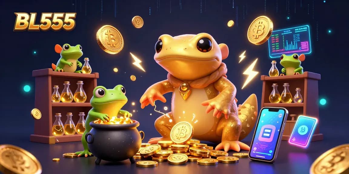 Engage in BL555's captivating casino excitement with a vibrant scene filled with gold coins, crypto elements, and dynamic characters.