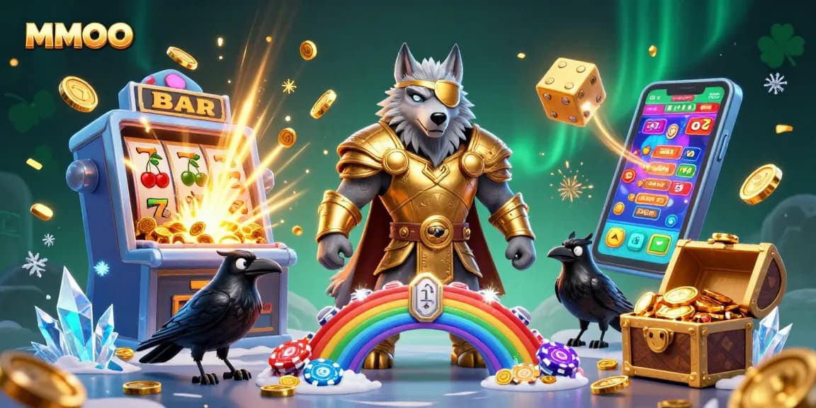 Spin the reels at MMOO Casino with a vibrant 3D illustration of jackpot excitement and mythical characters.