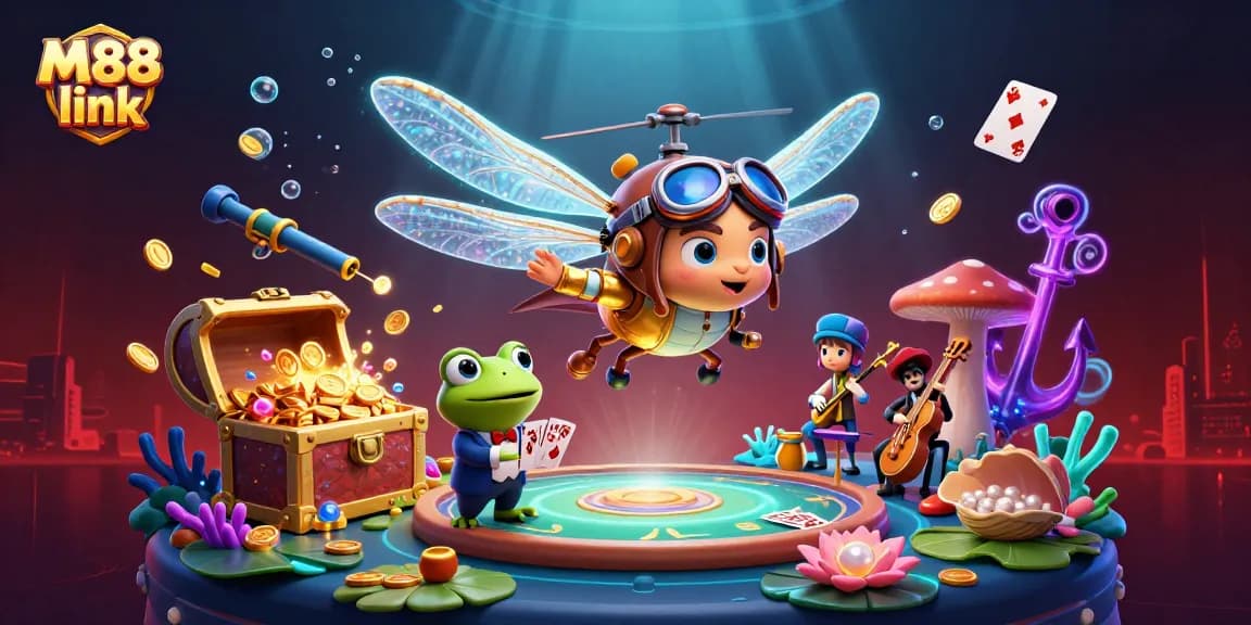 Experience vibrant action at M88 link with a cartoon dragonfly pilot soaring over a lily pad casino.