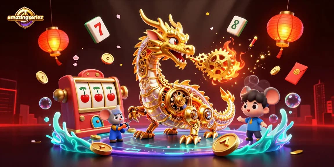 Engage in thrilling slots action with amazingseriez featuring a golden dragon and vibrant casino elements.