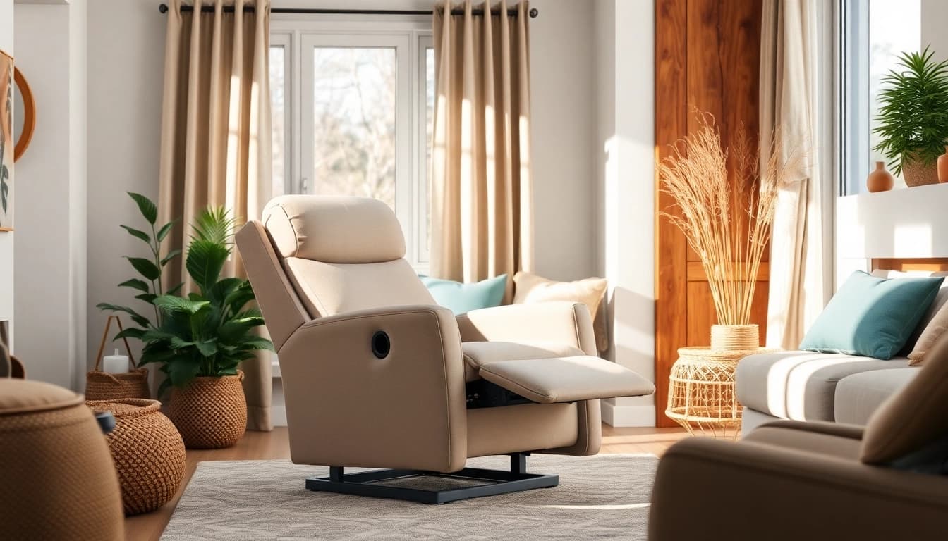 Comfortably seated individual using a lift chair in a cozy living room setting.