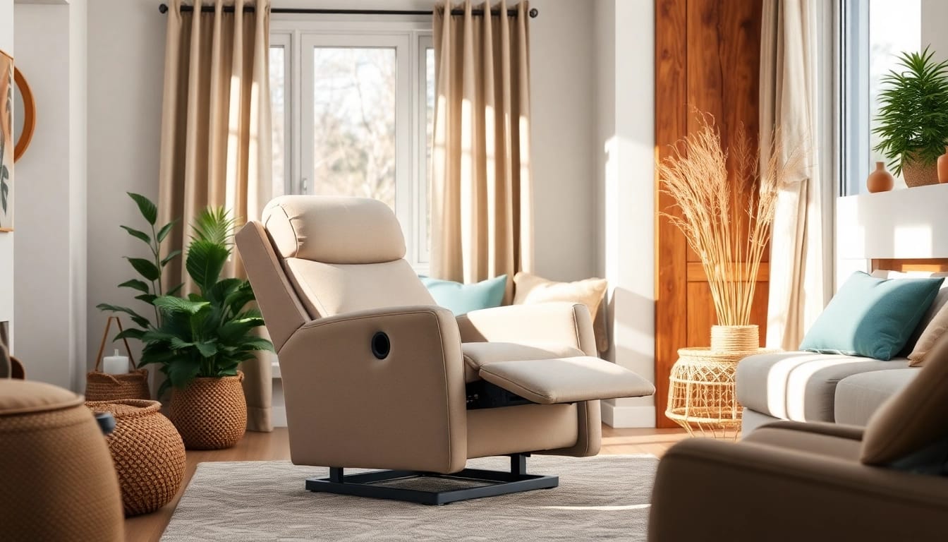Comfortably seated individual using a lift chair in a cozy living room setting.