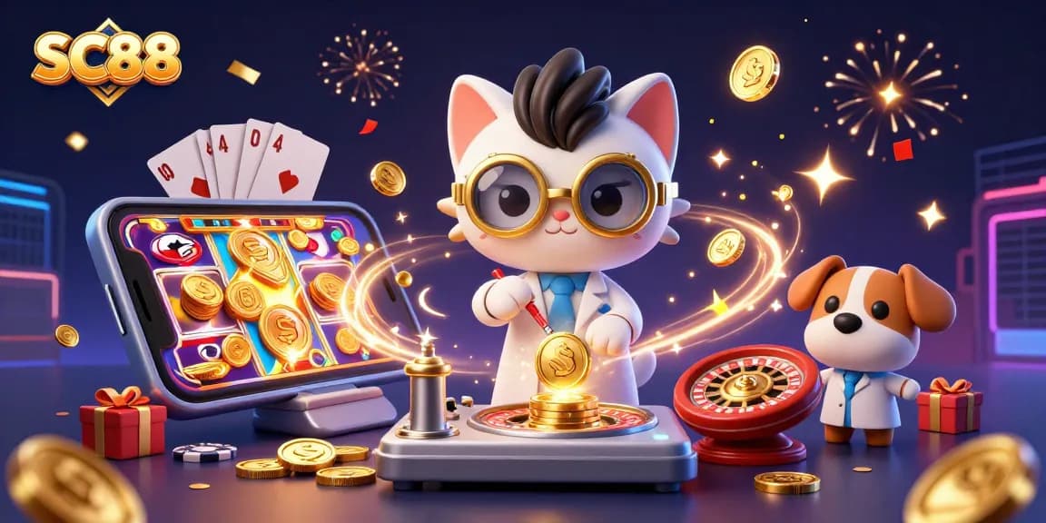 SC88 captures exhilarating casino fun with vibrant 3D character scene featuring gold coins and slot elements.