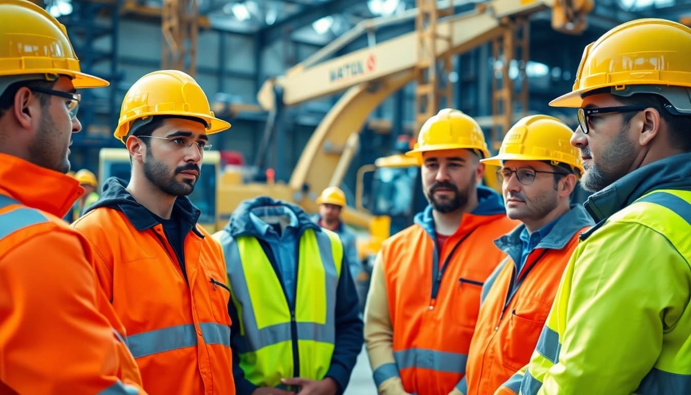 Engaging construction safety training session showcasing workers and safety equipment.