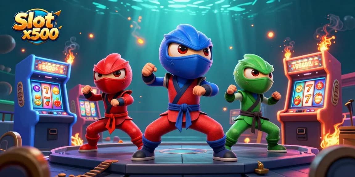 Unleash your luck with Slot x500, featuring a vibrant scene of chameleon ninjas and slot machines.
