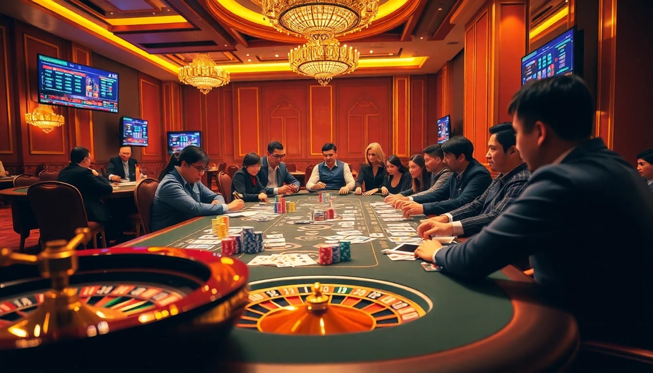 Players engaging in a high-stakes poker game at xin88 casino, showcasing vibrant chips and cards.