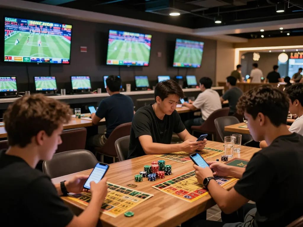 fly88 đăng ký with enthusiastic patrons engaging in sports betting, analyzing odds in a lively lounge setting