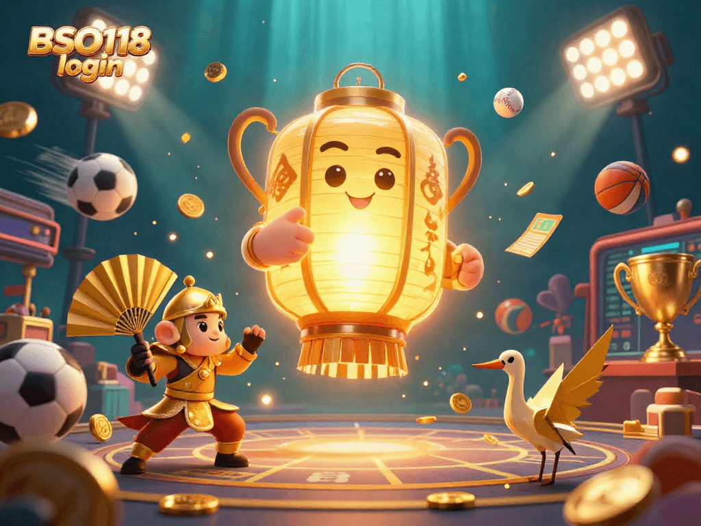 Engage with BSO118 login at a vibrant casino scene showcasing a golden lantern spirit amidst dynamic sports elements.