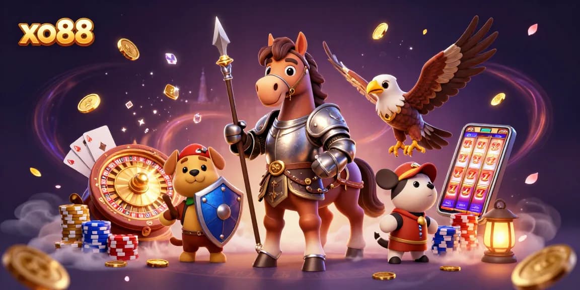 Gain excitement at xo88 with a knight, puppy, and falcon amidst casino treasures!