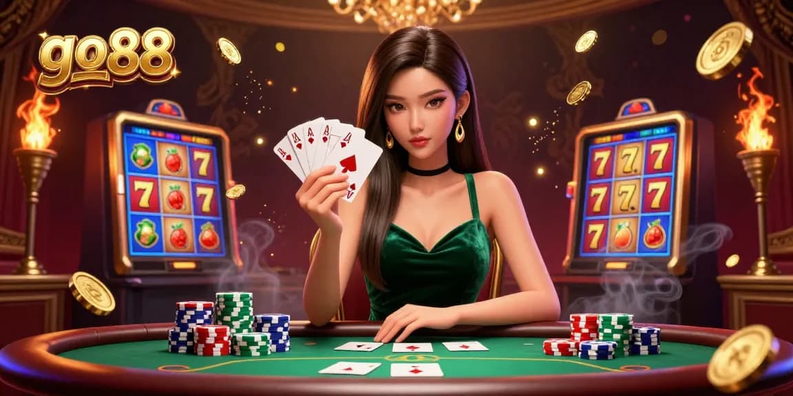 Engage in thrilling winning opportunities at go 88 with a stunning casino scene, featuring a focused woman playing poker.