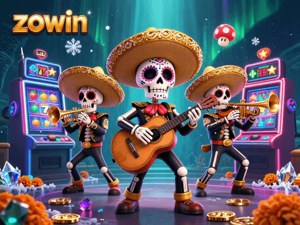 A vibrant ZOWIN-themed casino scene with a mariachi band playing near colorful slot machines, showcasing gaming excitement.