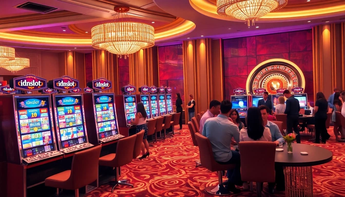Engaged players enjoying the 'idnslot' gaming experience at a lively casino.