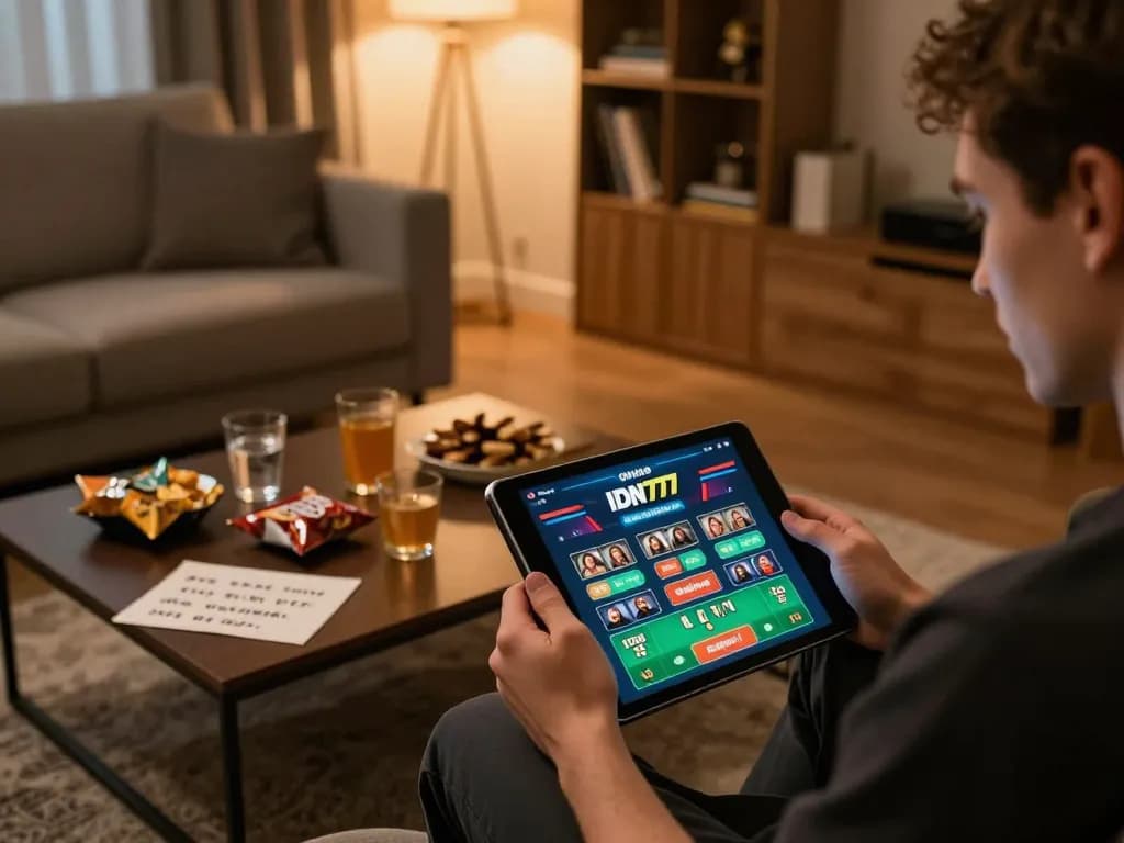 Orang yang menikmati permainan kasino online IDN777 di tablet di ruang tamu yang nyaman.