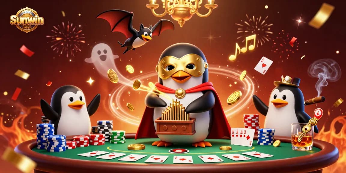 Experience the thrill at Sunwin with a dynamic 3D illustration of a casino scene featuring a penguin and bat.