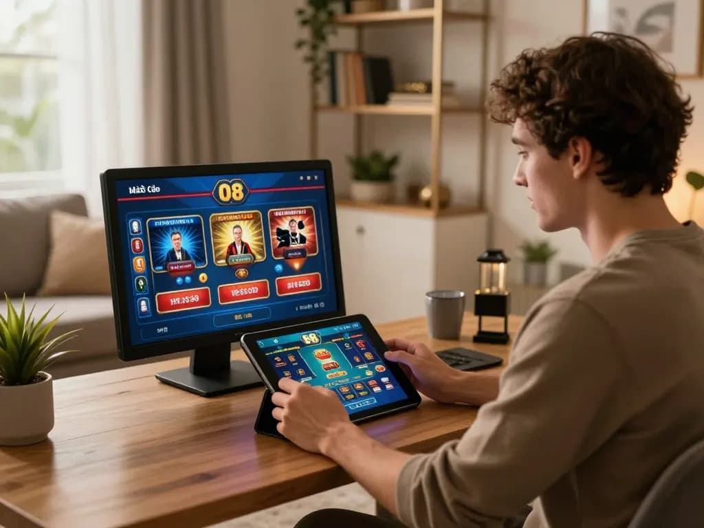 Engaging session with Nhà Cái O8 live casino gaming on a tablet in a cozy home.