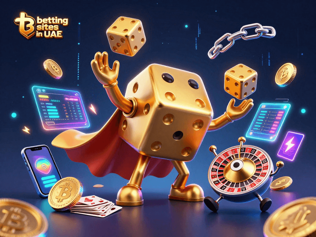 Experience the energetic scene showcasing top betting sites in UAE with golden dice and crypto elements