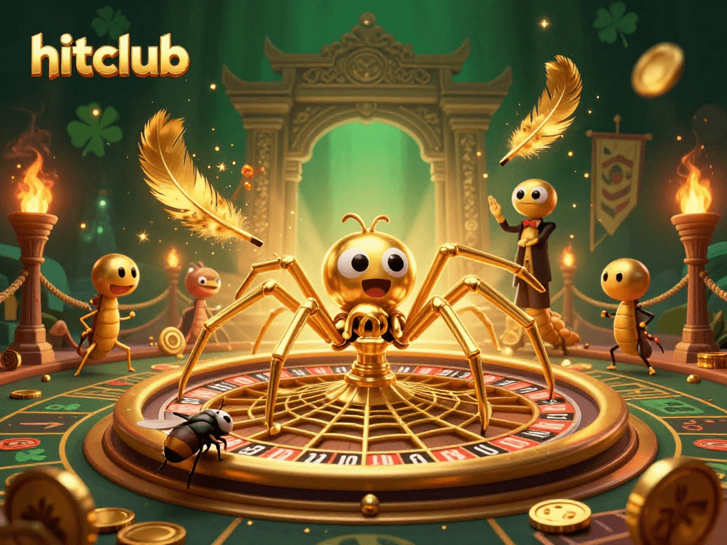 Hitclub casino scene featuring a golden spider web, animated characters betting in a vibrant atmosphere.