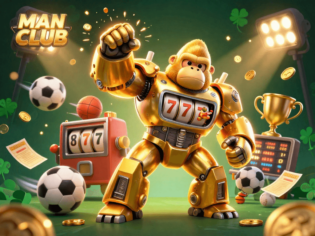 Join the action at MAN CLUB with dynamic golden gorilla mech smashing coins in this thrilling illustration.