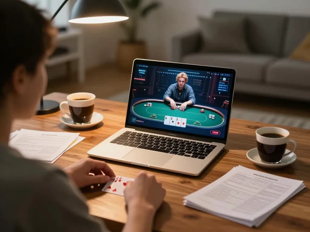 Engaged player strategizing online poker on mk8th laptop, showcasing responsible gambling.