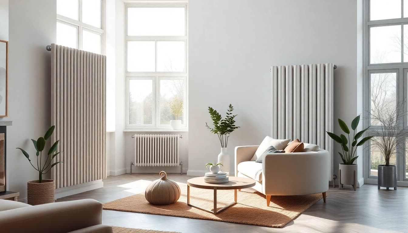 heizkörper kaufen in modernem Wohnzimmer mit eleganten Radiatoren und natürlichem Licht