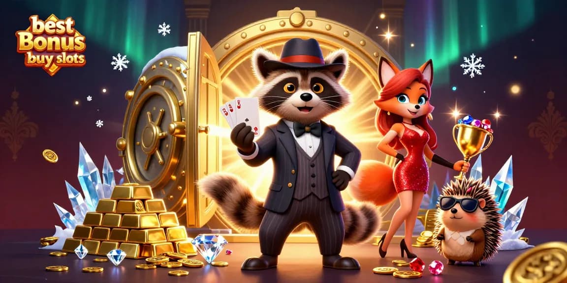 Win big with best bonus buy slots in this vibrant casino scene featuring charming characters.