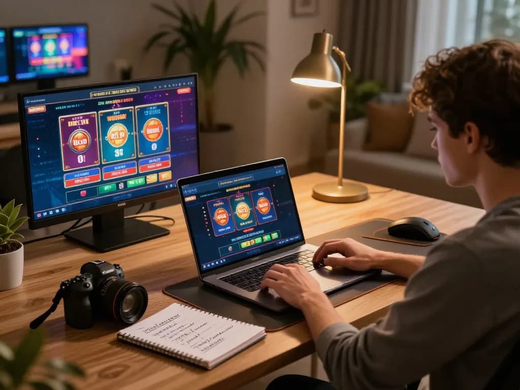 Person engaging in strategic online gambling at home with tylekeo insights on display.