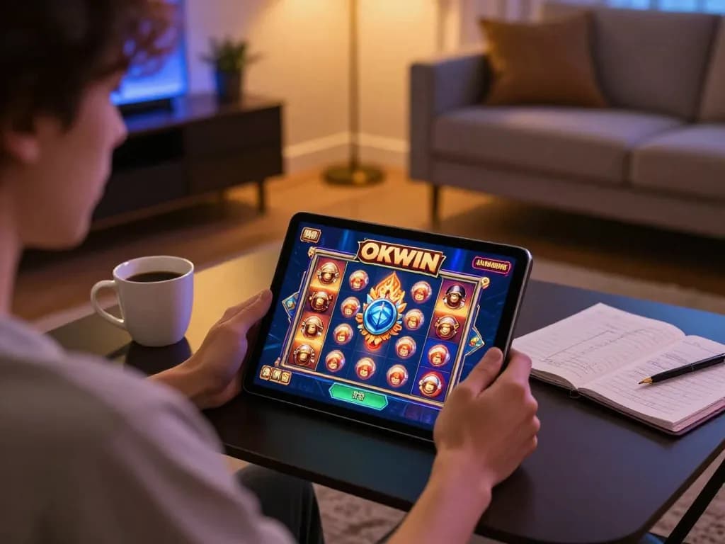 Player enjoying an engaging gaming experience with liên minh okwin on a tablet in a cozy home setting.