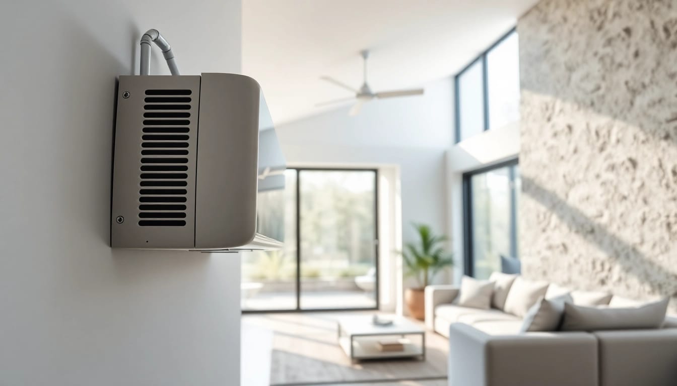 Install a mini split ac unit in a modern apartment's sunny living room.