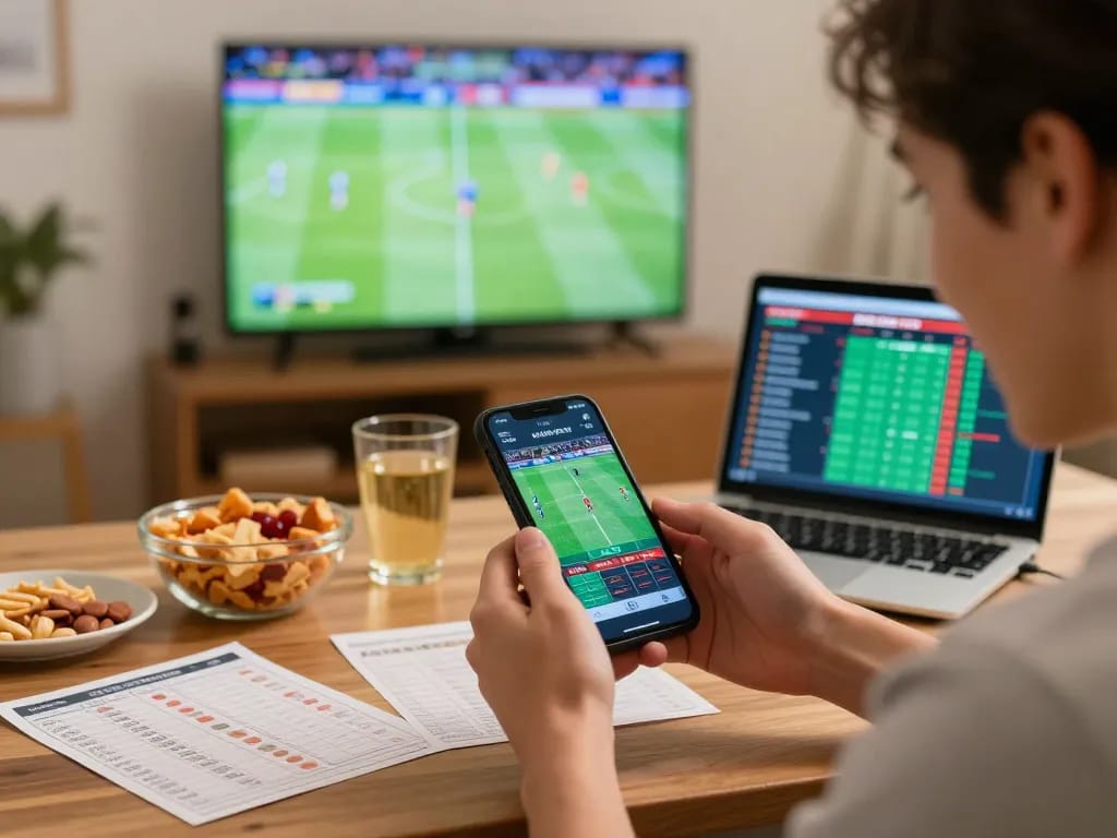 BONGDALU sports betting excitement as user places bets on smartphone while watching live match.