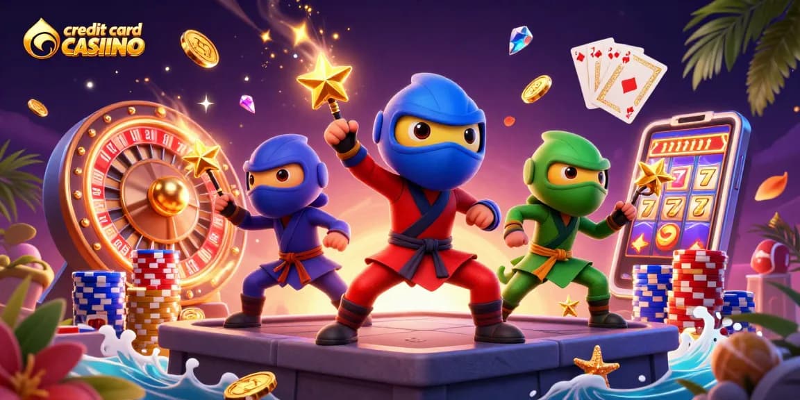 Experience thrilling gameplay at credit card casinos with vibrant characters and dazzling casino elements.