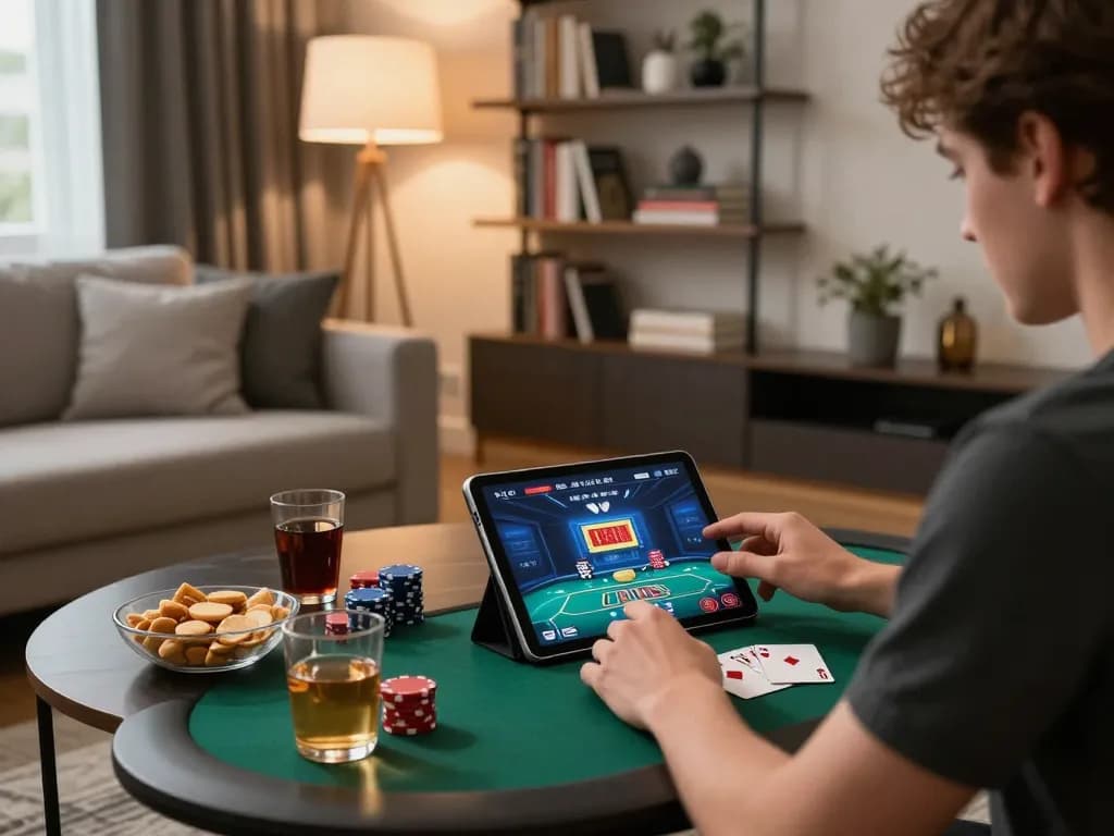 Engaging in online poker gameplay with hướng dẫn HITCLUB in a stylish living room setting, enhancing strategic understanding.