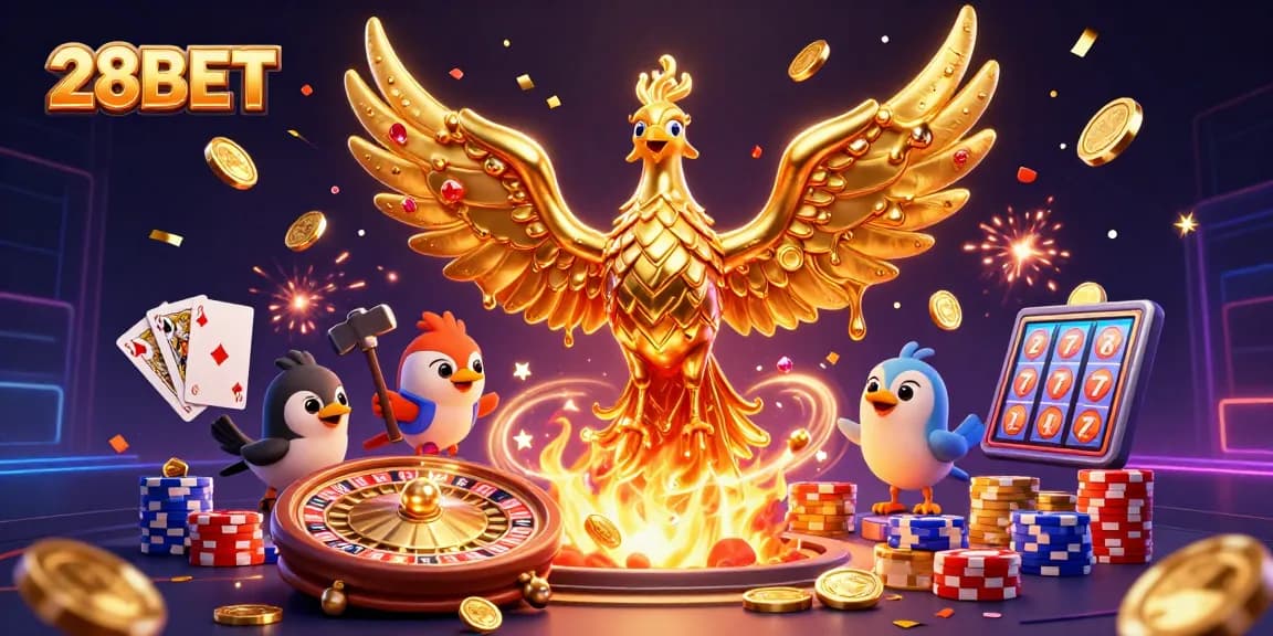 Win big at 28BET with a vibrant 3D casino illustration depicting a dynamic golden phoenix amidst an array of gambling excitement.