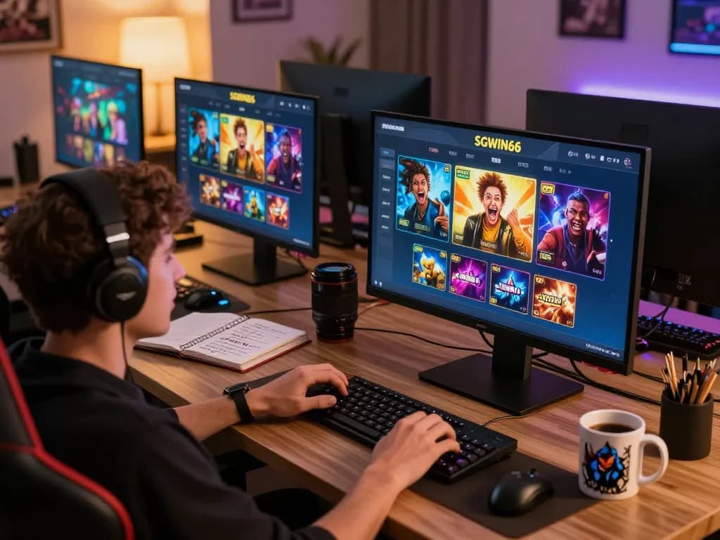 Player enjoying SGWIN66 online games in a cozy home setup, showcasing a gaming notebook and lively atmosphere.