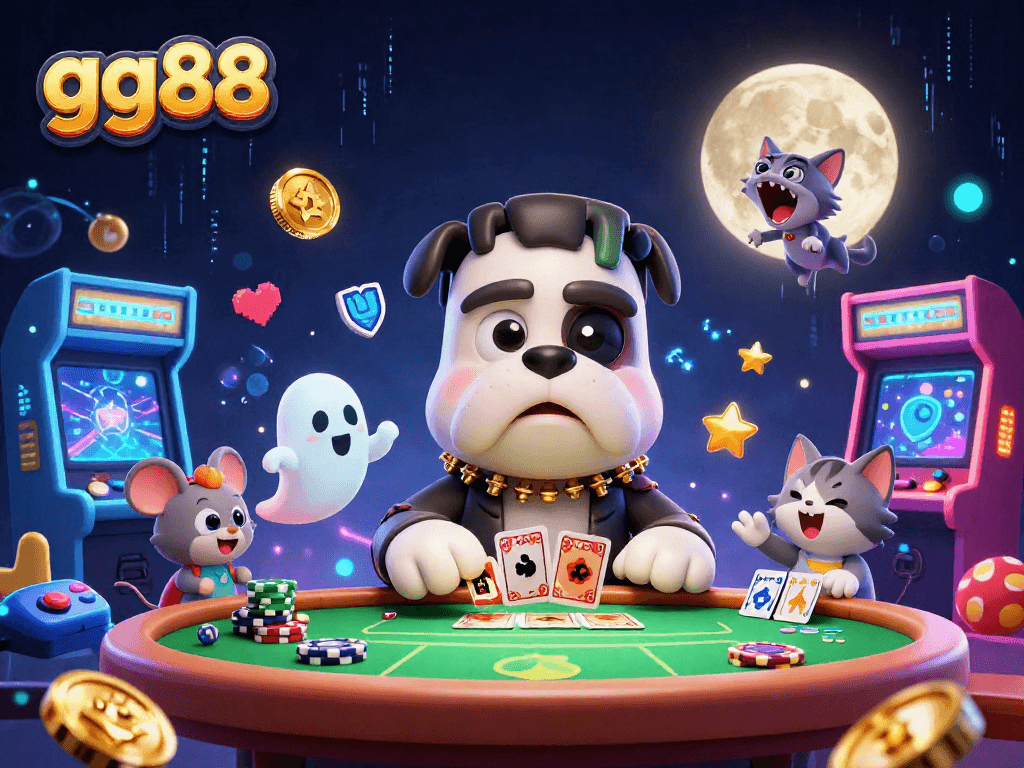 gg88 showcases a whimsical 3D poker scene with unique characters and colorful gaming elements.