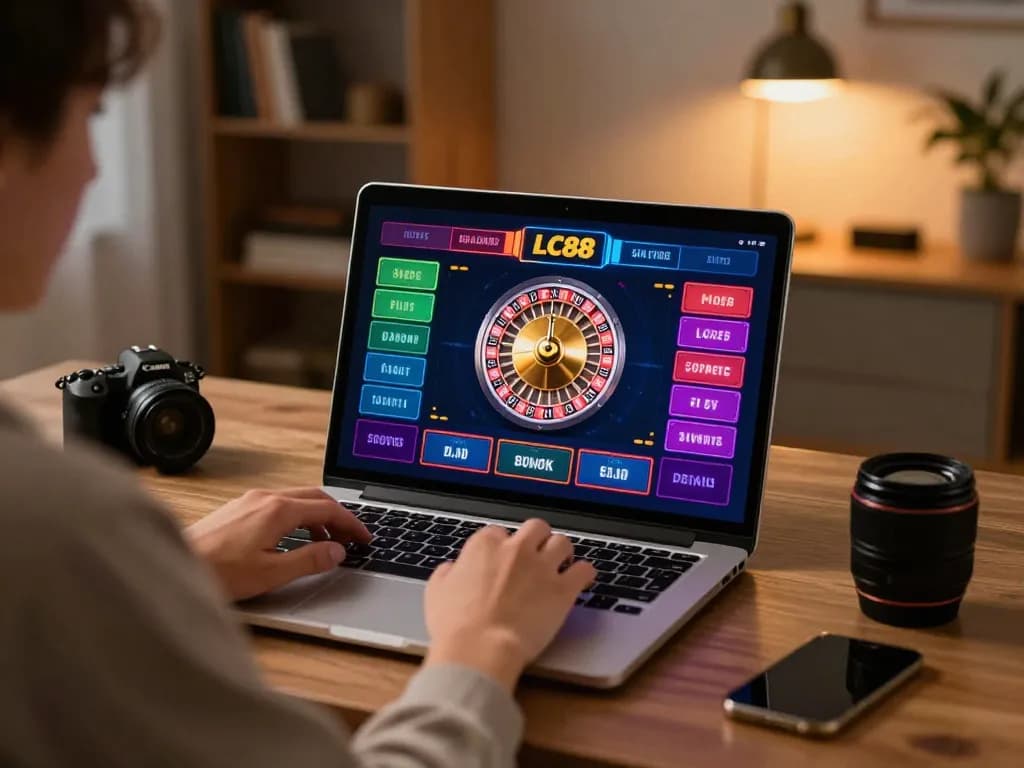 LC88 player engaging with live casino games on laptop, highlighting online gambling excitement