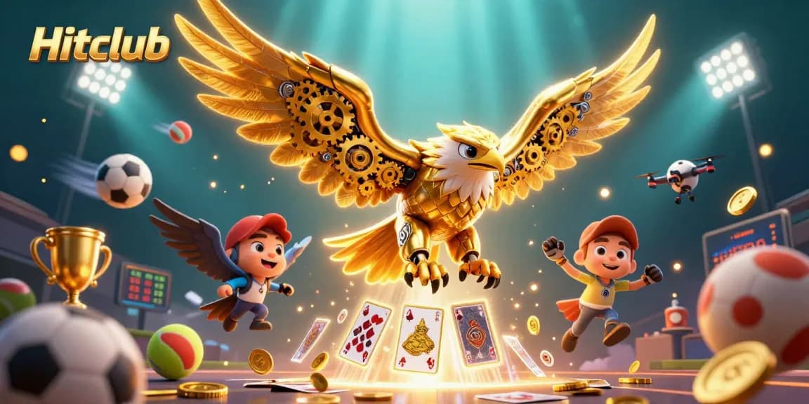 Hitclub showcases a thrilling scene with dynamic sports betting elements and a cybernetic eagle illustration.