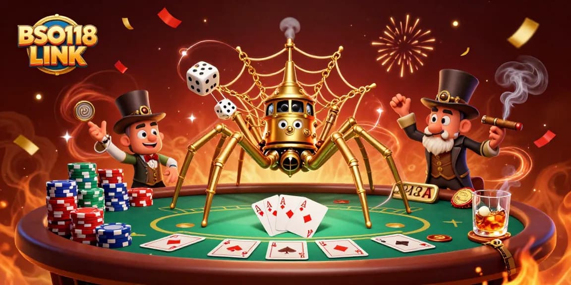 Engage with BSO118 LINK at a vibrant poker scene featuring steampunk elements and festive details.