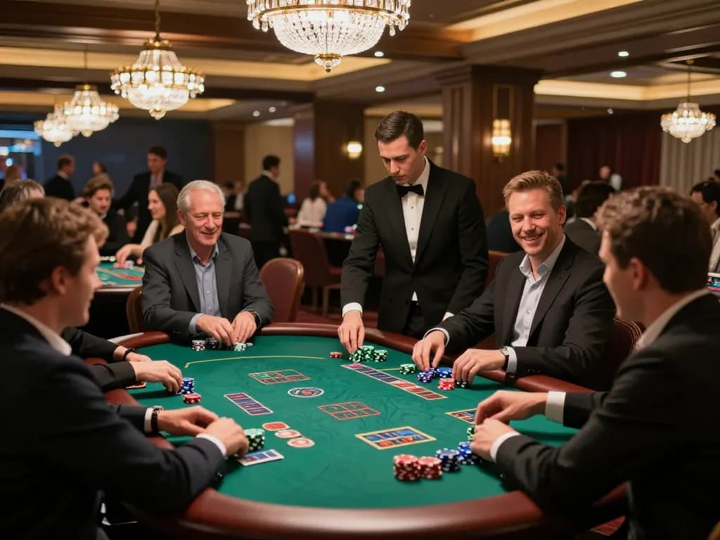 Players enjoying intense gameplay at NK88 blackjack tables, showcasing excitement and strategic betting.