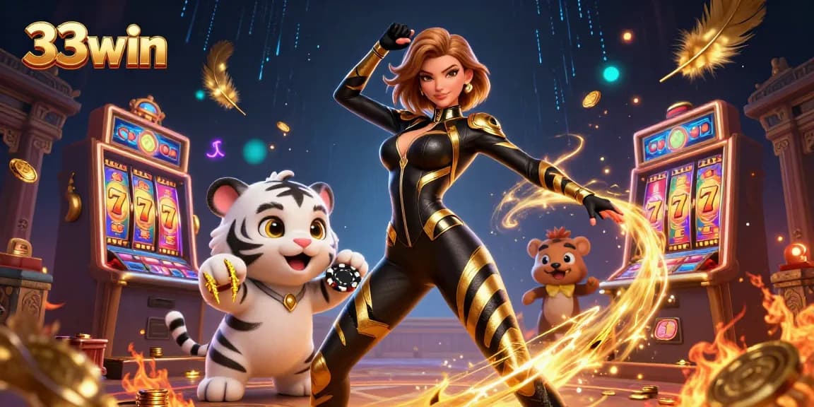 Engage with 33win's thrilling gameplay as a woman in a stylish catsuit showcases a dynamic casino scene