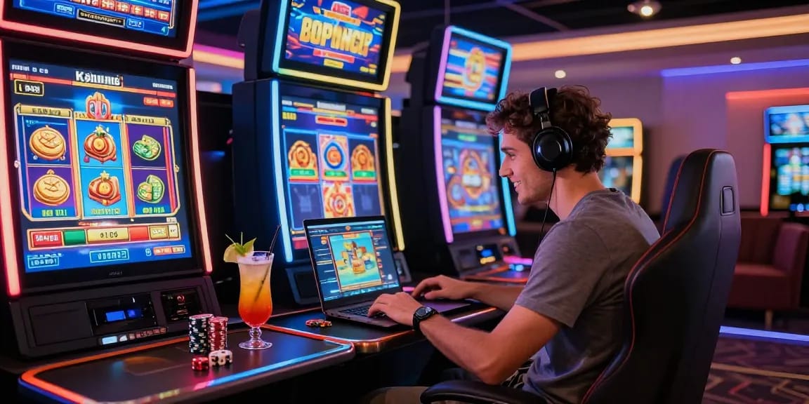 LUCK8 user enjoying an immersive online gambling experience with vibrant visuals and gaming accessories.
