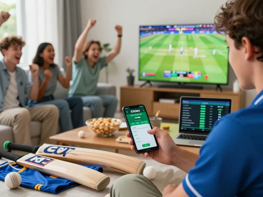 Engaged user placing bets on the Crickex app during a live cricket match viewing party.