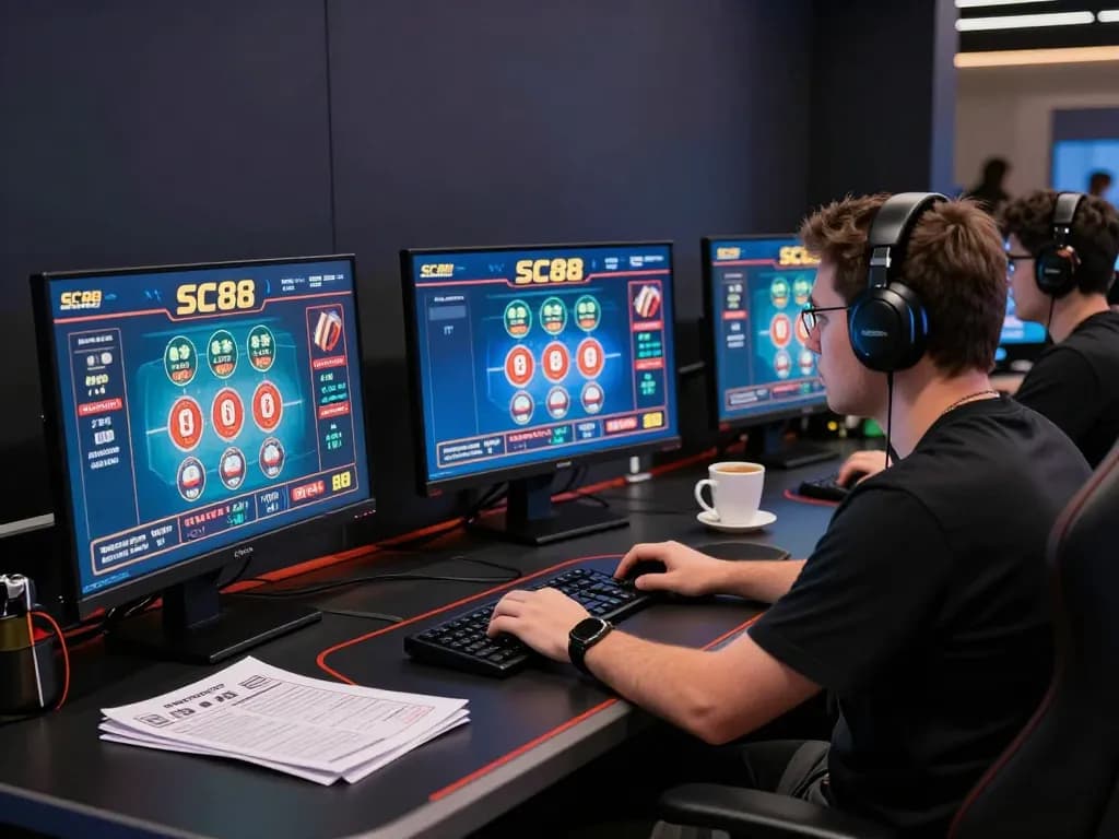 Player engaging with SC88 online casino games from a stylish home office setup