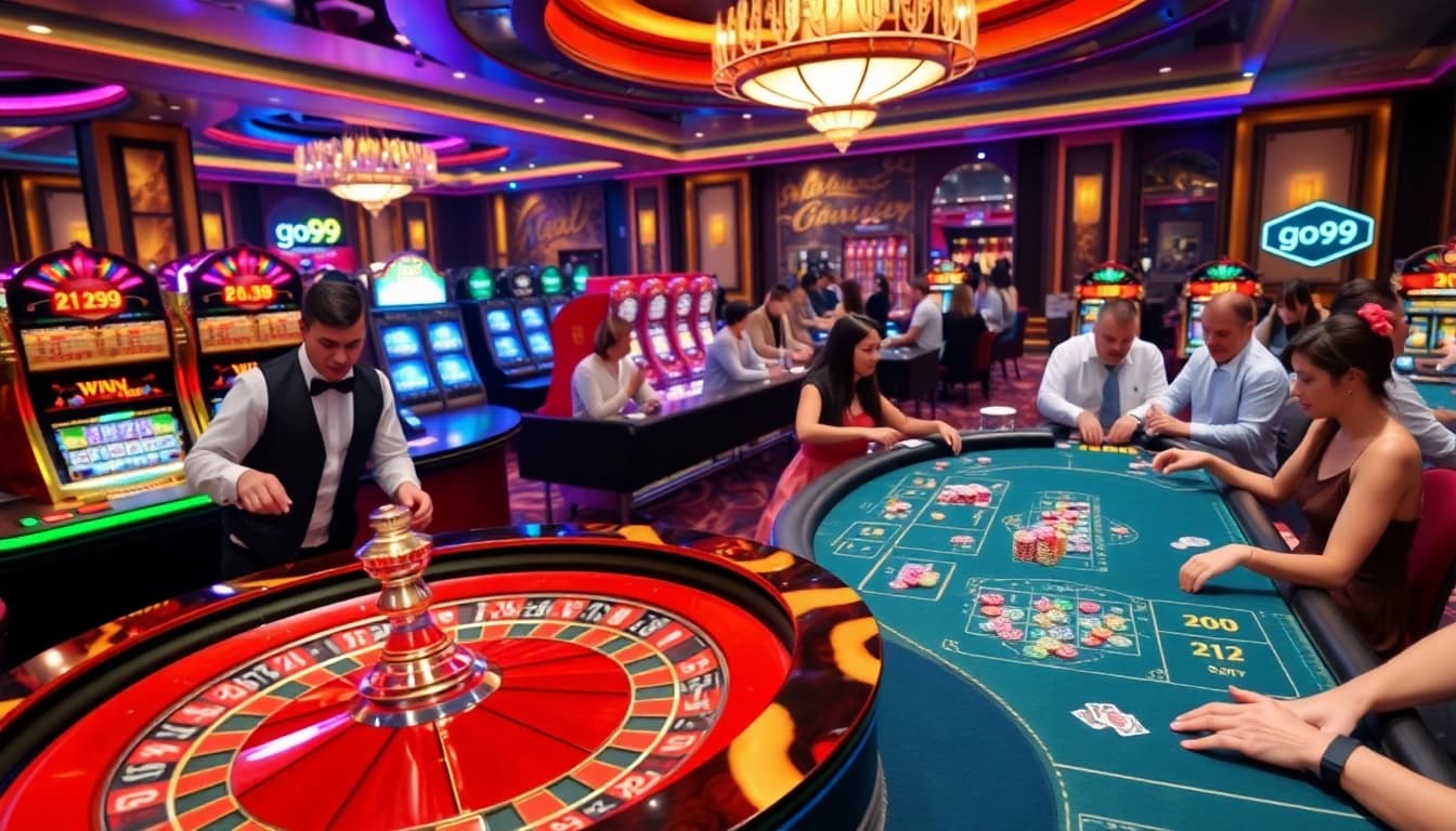 Excited players gambling on the go99 casino table with vibrant chips and roulette wheel.